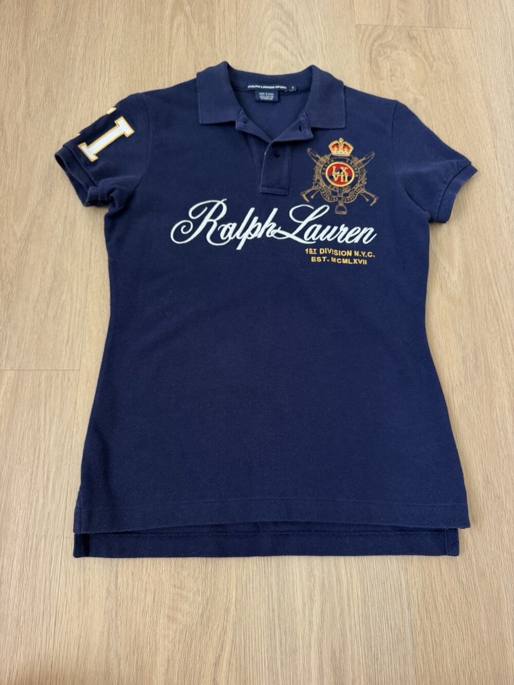 Ralph Lauren Crest Rugby Shirt Women’s S USA Crest Custom Fit Polo Blue Y2K